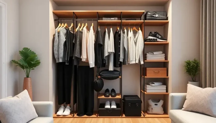 A compact gym wardrobe in a small, stylishly decorated apartment.