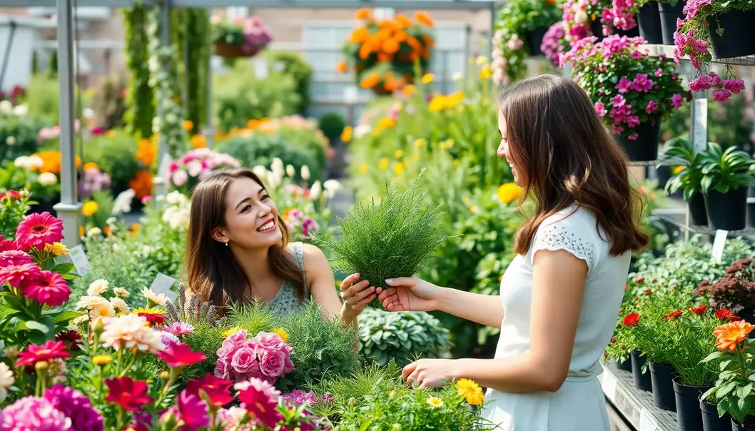 Newlywed couple selecting plants for their first balcony garden.