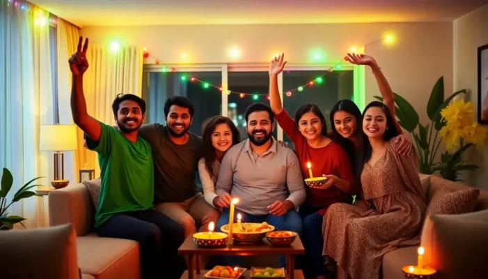 Group of sports fans celebrating Diwali with festive decor and snacks.