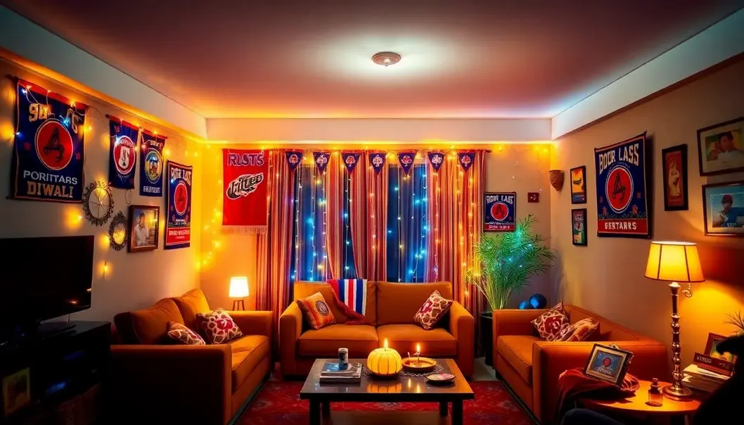 A vibrant living space marrying Diwali decor with sports enthusiasm through lights and memorabilia.