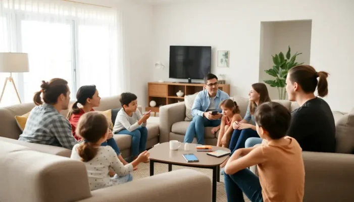 Family gathering for a discussion led by a young adult in a bright living room.