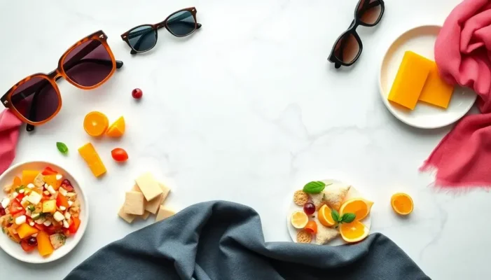 Stylishly presented fermented foods with fashion items on a marble surface.