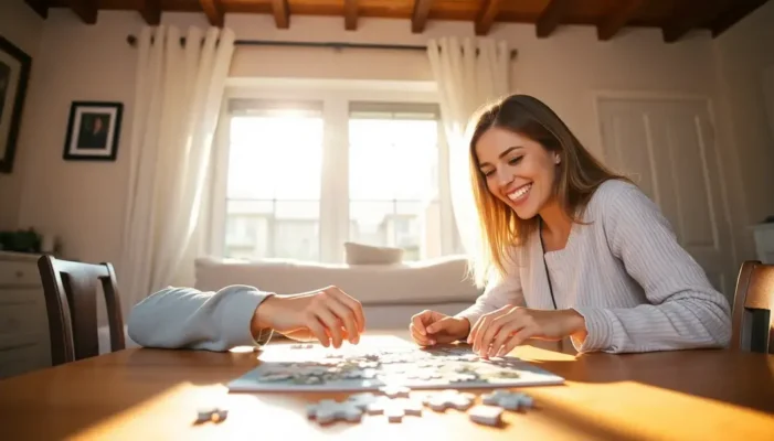 A couple, sitting by a sunlit window, focused on completing a puzzle together.