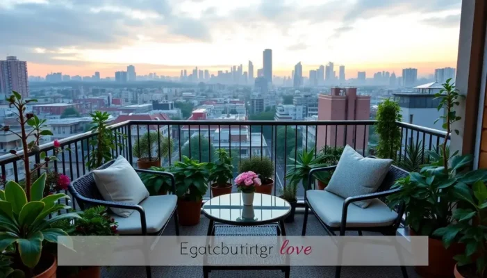 Dew-kissed balcony garden with cityscape, embodying romance and serenity.