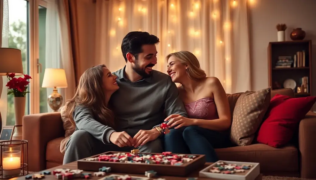 A couple merging minds and hearts over a shared puzzle challenge.