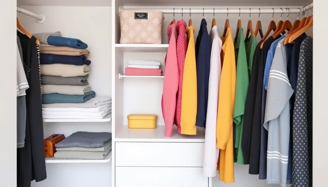 A compact wardrobe showcasing gym wear essentials suited for small spaces.