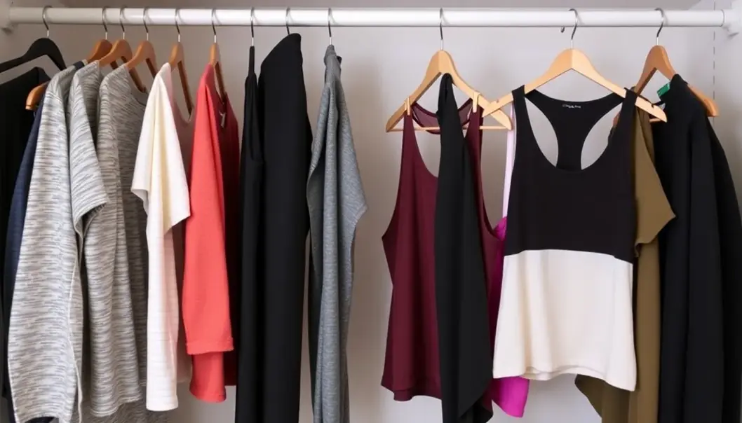 A compact wardrobe showcasing gym wear essentials suited for small spaces.